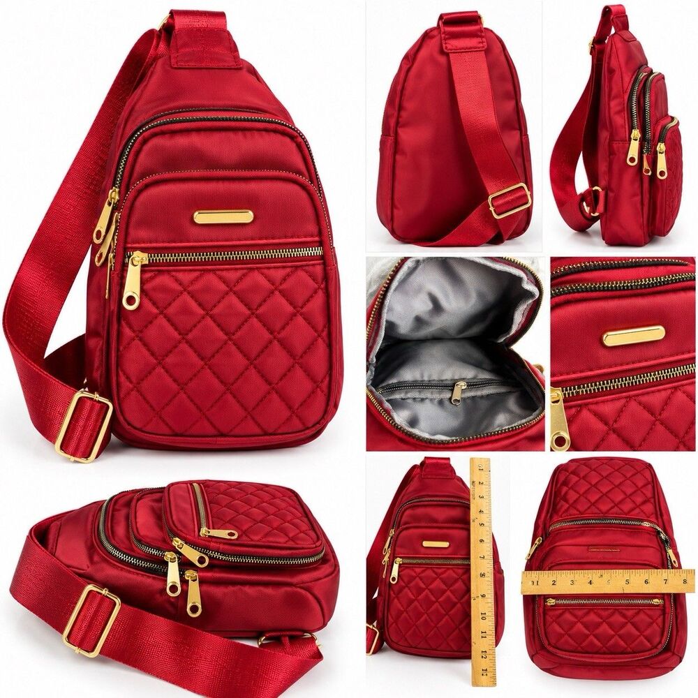 Red Quilted Sling Bag Crossbody Chest  Zip Closure  Gold Small Travel Y2K
